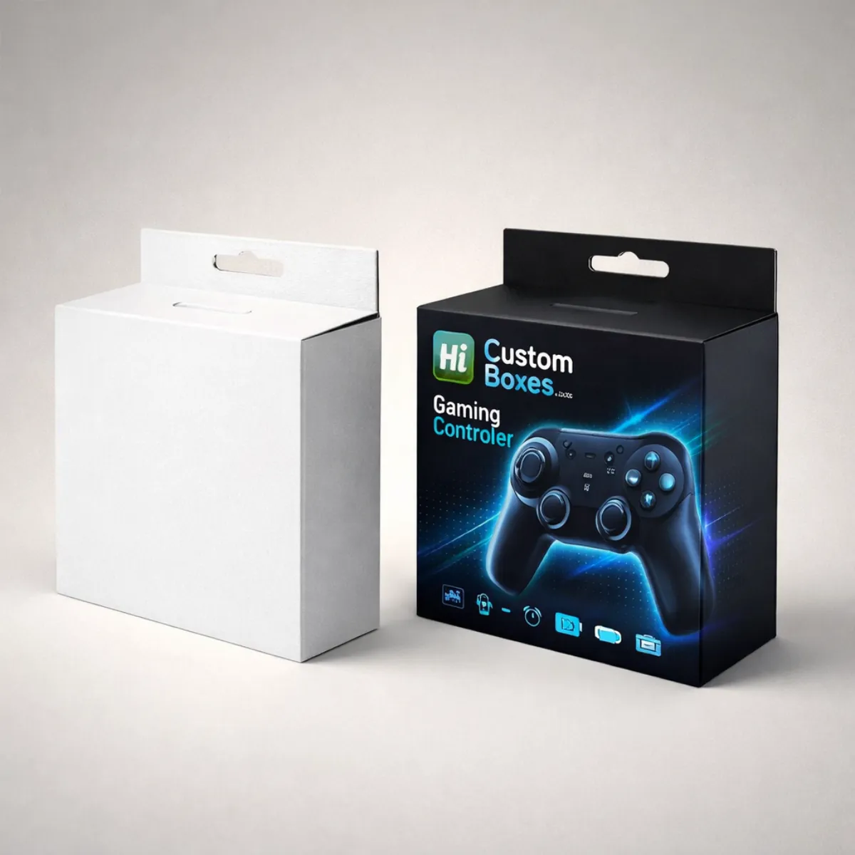 A plain white hang-tab box next to a black retail box featuring gaming controller graphics. class=